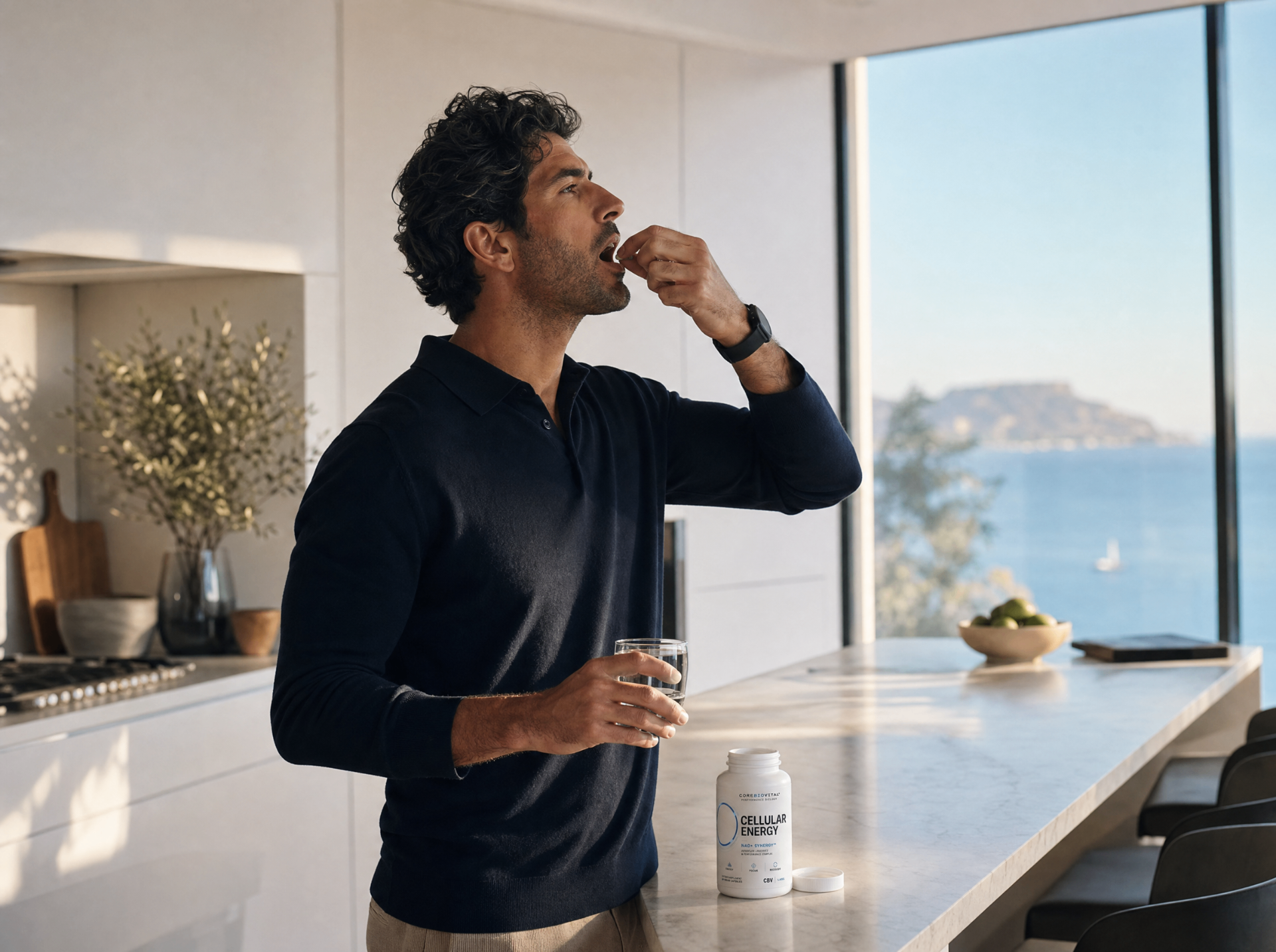 Ambitious man taking CoreBioVital Cellular Energy NAD+ Synergy in a modern coastal kitchen