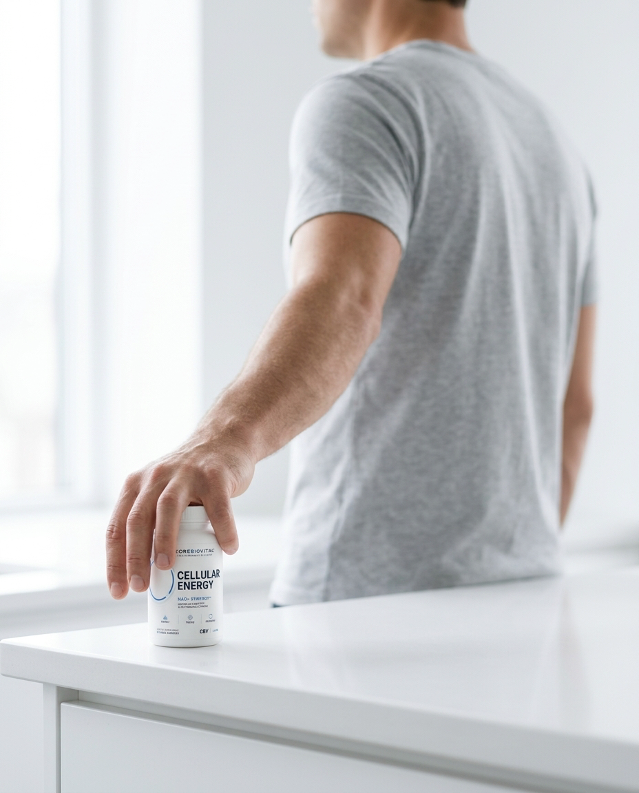 Man in his 40s in a kitchen during morning routine with NAD+ Synergy bottle